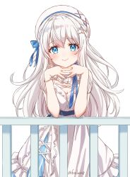 Rule 34 | 1girl, absurdres, blue eyes, blush, breasts, cleavage, closed mouth, commentary request, earrings, fuusuke (fusuke208), grey hair, hair ornament, highres, indie virtual youtuber, jewelry, long hair, mole, mole under eye, nagino mashiro, own hands together, railing, simple background, smile, solo, twitter username, virtual youtuber, white background