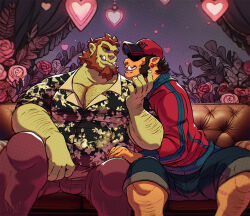 Rule 34 | 2boys, bara, baseball cap, beard, borrowed character, colored skin, couch, couple, eye contact, face-to-face, facial hair, feet out of frame, forked eyebrows, full beard, green skin, grin, grunt (onlytusks), hairy, hand hair, hat, heart, hey guffaw, large pectorals, looking at another, male focus, mature male, monster boy, multiple boys, muscular, muscular male, on couch, orc, original, pants, pectoral cleavage, pectorals, photo shoot, playing with beard, pointy ears, shaded face, short hair, sitting, smile, sparse arm hair, sparse chest hair, sparse leg hair, thick beard, thick eyebrows, tusks, yaoi, zorg (onlytusks)