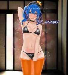 Rule 34 | 1girl, animated, aqua eyes, aqua hair, arm behind head, armpit crease, armpit stubble, armpits, audible speech, backstage, beret, bikini, blue eyes, blue hair, breasts, breasts apart, choker, clothes pull, collarbone, crown, dark room, eddarxart, english audio, english text, greeting, hair between eyes, hair ornament, hat, highres, hololive, hoshimachi suisei, imminent penetration, incoming attack, leggings, leggings pull, looking at viewer, medium hair, meme, mole, mole on breast, motion lines, navel, navel piercing, open mouth, piercing, ribbon, side ponytail, small breasts, solo, sound, sound effects, standing, star (symbol), star in eye, steaming body, stomach, swimsuit, symbol in eye, tagme, talking, tartan bra, text background, undressing, video, virtual youtuber