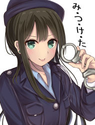 Rule 34 | 10s, 1girl, :p, absurdres, blush, brown hair, cuffs, earrings, green eyes, handcuffs, hat, highres, idolmaster, idolmaster cinderella girls, jewelry, looking at viewer, mizukoshi (marumi), police, police hat, police uniform, policewoman, shibuya rin, simple background, tongue, tongue out, translated, uniform, upper body, white background