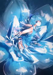 Rule 34 | 1girl, adapted costume, alternate costume, blue dress, blue eyes, blue hair, blurry, bow, cirno, dress, fairy, flower, hair bow, hair ornament, ice, ice wings, kaatoso, kneeling, looking at viewer, matching hair/eyes, shirt, short hair, sleeveless, solo, touhou, vest, wings