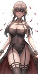 Rule 34 | 1girl, absurdres, bare shoulders, black dress, black gloves, black hair, black thighhighs, blush, breasts, cleavage, closed mouth, collarbone, dress, fingerless gloves, gloves, gold hairband, hairband, highres, jasony, large breasts, leaf, looking at viewer, red eyes, smile, solo, spy x family, thighhighs, thighs, two-sided dress, two-sided fabric, weapon, yor briar