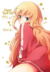 Rule 34 | 1girl, artist name, bad anatomy, bafarin, blonde hair, blue eyes, blush, character name, commentary request, cowboy shot, expressionless, from behind, gabriel dropout, happy birthday, highres, jacket, long hair, looking back, signature, solo, gabriel tenma white, track jacket, very long hair, white background