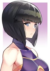 Rule 34 | 1girl, bare shoulders, black hair, blue eyes, blush, bob cut, border, breasts, cleavage, cleavage cutout, clothing cutout, collarbone, collared leotard, gradient background, kupala, leotard, light smile, lips, looking at viewer, medium breasts, minami toshimi, pink background, portrait, purple leotard, short hair, solo, two-tone background, upper body, white border, wrestle angels, wrestle angels survivor, wrestler, wrestling outfit