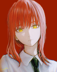 Rule 34 | black necktie, braid, braided ponytail, chainsaw man, closed mouth, collared shirt, hair over shoulder, highres, long hair, long sleeves, looking at viewer, makima (chainsaw man), necktie, ojay tkym, red background, red hair, ringed eyes, shirt, sidelocks, simple background, uniform, upper body, white shirt, yellow eyes