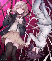 Rule 34 | 1boy, 1girl, :o, artist name, beige skirt, black hair, black thighhighs, checkered clothes, checkered scarf, commentary request, danganronpa (series), danganronpa 2: goodbye despair, danganronpa v3: killing harmony, flipped hair, hair ornament, hairclip, hood, hooded jacket, jacket, long sleeves, looking at viewer, nanami chiaki, oma kokichi, pink eyes, pink ribbon, pleated skirt, purple eyes, purple hair, ribbon, scarf, shirt, short hair, skirt, smile, straitjacket, thighhighs, white shirt, z-epto (chat-noir86)