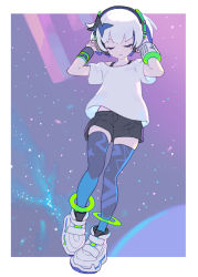 Rule 34 | 1girl, absurdres, bare shoulders, black shorts, blue thighhighs, closed eyes, closed mouth, collarbone, commentary request, eclair groove, enkyo yuuichirou, eyebrows hidden by hair, facing viewer, full body, hands on headphones, hands up, headphones, highres, metro mew, off-shoulder shirt, off shoulder, purple thighhighs, shirt, shoes, short shorts, short sleeves, shorts, solo, thighhighs, white footwear, white hair, white shirt