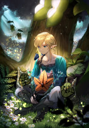 Rule 34 | 1boy, absurdres, blonde hair, blue eyes, blurry, blurry foreground, boots, closed mouth, collarbone, dappled sunlight, earrings, fingerless gloves, flower, forest, full body, gloves, grass, hair between eyes, highres, holding, huge filesize, indian style, jewelry, korok, light particles, light rays, link, long sleeves, male focus, nature, nintendo, ninto, on ground, outdoors, pants, plant, pointy ears, silhouette, sitting, smile, solo, sunlight, the legend of zelda, the legend of zelda: breath of the wild, tree