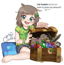 Rule 34 | 1girl, ahoge, animal print, artist name, barefoot, blue eyes, blue pillow, blue shorts, brown hair, chest (furniture), denim, denim shorts, earrings, english text, eyebrows, feet, fingernails, freckles, frog, frog key, frog print, full body, gem, girutea, green eyes, green hair ornament, green shirt, green wristband, indie virtual youtuber, jewelry, key, legs, lily hopkins, looking at viewer, messy hair, multicolored clothes, multicolored eyes, open mouth, palms, pillow, presenting, shirt, shorts, signature, simple background, speech bubble, striped clothes, striped shirt, t-shirt, teeth, toenails, toes, tongue, treasure chest, twitter username, upper teeth only, virtual youtuber, white background
