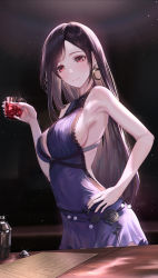 Rule 34 | 1girl, absurdres, alcohol, armpit crease, asymmetrical bangs, bare arms, bare shoulders, black hair, breasts, cocktail shaker, crescent, crescent earrings, cup, dress, earrings, final fantasy, final fantasy vii, final fantasy vii remake, hand on own hip, highres, holding, holding cup, jewelry, large breasts, light smile, long hair, looking at viewer, official alternate costume, purple dress, red eyes, sideboob, sleeveless, sleeveless dress, solo, square enix, tifa lockhart, tifa lockhart (refined dress), tooku0, wall market