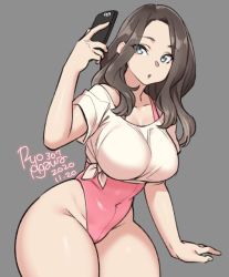Rule 34 | 1girl, 2020, agawa ryou, artist name, belly, black hair, blue eyes, breasts, cellphone, covered navel, dated, grey background, large breasts, leotard, long hair, original, parted lips, phone, pink leotard, signature, simple background, smartphone, solo, thick thighs, thighs