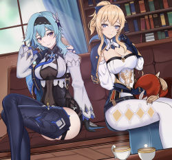 Rule 34 | 3girls, absurdres, black gloves, black hairband, blonde hair, blue bow, blue capelet, blue eyes, blue hair, bookshelf, boots, bow, breasts, brulee, capelet, cleavage, corset, couch, cup, eula (genshin impact), genshin impact, gloves, grey shirt, hair bow, hairband, highres, jean (genshin impact), klee (genshin impact), lap pillow, large breasts, crossed legs, light smile, looking at viewer, medium hair, multiple girls, on couch, pantyhose, ponytail, purple eyes, red headwear, shirt, short hair, sitting, steam, table, teacup, thigh boots, thighhighs, thighs, white corset, white legwear