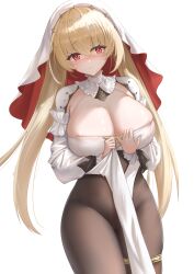 Rule 34 | 1girl, absurdres, azur lane, black pantyhose, blonde hair, blush, breasts, cameltoe, cleavage, clothes lift, highres, kersaint (azur lane), large breasts, long hair, long sleeves, nun, pantyhose, pelvic curtain, qian hen, red eyes, solo, sweatdrop, thighlet, twintails, very long hair, white background, white veil