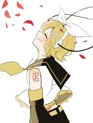 Rule 34 | 1girl, android, bare shoulders, blonde hair, bow, cable, closed eyes, crying, detached sleeves, falling petals, flat chest, frilled shirt, frills, grin, hair bow, hair ornament, hairclip, happy tears, headphones, headset, kagamine rin, kokoro (vocaloid), light blush, maca1227, midriff peek, neckerchief, petals, sailor collar, shirt, short hair, shorts, shoulder tattoo, smile, tattoo, tears, vocaloid, white bow, yellow neckerchief