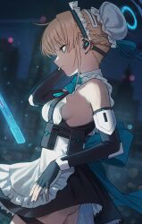Rule 34 | 1girl, apron, ass, blonde hair, blue archive, blue bow, blue eyes, blue ribbon, bow, breasts, bun cover, city, closed mouth, earpiece, elbow gloves, fagi (kakikaki), fingerless gloves, frilled apron, frills, from side, gloves, halo, highres, holographic interface, maid, maid apron, maid headdress, ribbon, short hair, sideboob, sleeveless, small breasts, solo, standing, thigh strap, toki (blue archive), waist apron, white apron