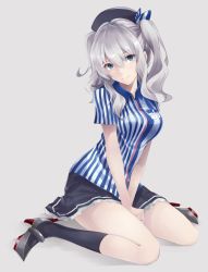 Rule 34 | 1girl, bad id, bad twitter id, beret, blue eyes, commentary, employee uniform, hat, highres, kantai collection, kashima (kancolle), lawson, long hair, looking at viewer, pleated skirt, pokimari, shirt, sidelocks, silver hair, sitting, skirt, smile, solo, striped, transparent background, tsurime, twintails, uniform, v arms, wariza, wavy hair