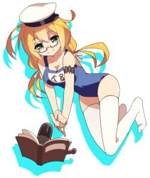 Rule 34 | 10s, 1girl, blonde hair, blue eyes, book, glasses, hat, i-8 (kancolle), kantai collection, long hair, one-piece swimsuit, school swimsuit, sharlorc, smile, solo, swimsuit, torpedo, twintails