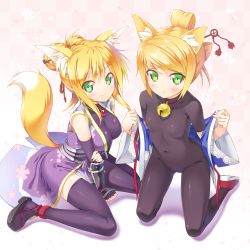 Rule 34 | 10s, 2girls, 7th dragon, 7th dragon (series), animal ears, bell, black gloves, black legwear, blonde hair, blush, bodysuit, breasts, collar, covered erect nipples, covered navel, crossover, dog days, elbow gloves, fingerless gloves, flat chest, fox ears, fox tail, full body, gloves, green eyes, hair ornament, hair stick, highres, jingle bell, kazuma (kazumav), large breasts, look-alike, looking at viewer, multiple girls, namuna (7th dragon), neck bell, samurai (7th dragon), samurai (7th dragon), sandals, sitting, skin tight, smile, tail, tears, thighhighs, wariza, yukikaze panettone