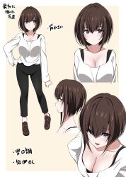 Rule 34 | 1girl, :d, absurdres, black hair, black pants, border, breasts, character sheet, cleavage, collarbone, highres, ikari manatsu, large breasts, light frown, loafers, multiple views, no socks, open mouth, original, pants, purple eyes, shoes, smile, white border