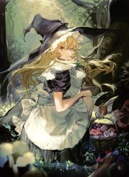 Rule 34 | 1girl, basket, blonde hair, commentary request, curly hair, eyebrows hidden by hair, forest, grass, hair between eyes, hat, highres, holding, holding basket, kirisame marisa, long hair, looking at viewer, looking back, nature, solo, squatting, tian (my dear), touhou, tree, witch, witch hat, yellow eyes