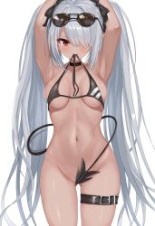 Rule 34 | 1girl, absurdres, alternate breast size, ana (vvvvor), armpits, arms up, belt, bikini, black bikini, blue archive, blush, breasts, choker, cowboy shot, dark-skinned female, dark skin, eyewear on head, gluteal fold, grey hair, hair over one eye, hair ribbon, halo, highres, iori (blue archive), iori (swimsuit) (blue archive), long hair, looking at viewer, medium breasts, navel, pointy ears, red eyes, ribbon, solo, sunglasses, swimsuit, tail, thigh belt, thigh strap, twintails, very long hair, white background