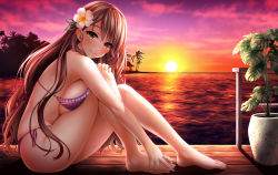 Rule 34 | 1girl, bare arms, bare legs, bare shoulders, barefoot, bikini, blush, breast press, breasts, brown eyes, brown hair, closed mouth, cloud, feet, flower, frilled bikini, frills, from side, full body, fushimi (fukumi), gradient sky, hair flower, hair ornament, hands on feet, large breasts, leaning forward, long hair, looking at viewer, ocean, on floor, original, palm tree, plant, potted plant, purple bikini, reflection, sideboob, sitting, sky, smile, solo, sun, sunlight, sunset, swimsuit, toes, tree, very long hair, water, white flower, wooden floor