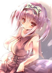 Rule 34 | 1girl, amane ruri, bad id, bad pixiv id, blush, bow, breasts, brown eyes, character request, cleavage, cleavage cutout, clothing cutout, dress, large breasts, long hair, purple hair, ribbon, sleeveless, sleeveless dress, smile, solo, twintails, two side up, type (artist)