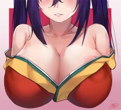 Rule 34 | 1girl, areola slip, azur lane, bare shoulders, black hair, blush, breast focus, breasts, cleavage, collarbone, commentary request, covered erect nipples, gradient background, hair between eyes, head out of frame, japanese clothes, kagamine len (1249229864), kimono, large breasts, long hair, off shoulder, parted lips, pink background, red kimono, signature, smile, solo, taihou (azur lane), twintails
