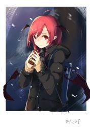 Rule 34 | 1girl, ahoge, alternate costume, backpack, bag, bat wings, border, breath, can, canned coffee, coat, commentary request, drink can, hair between eyes, head wings, koakuma, looking at viewer, pointy ears, red eyes, red hair, simple background, slit pupils, smile, snowing, solo, tetsurou (fe+), touhou, white border, wings