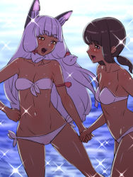 Rule 34 | 2girls, :d, alternate costume, animal ears, armband, backlighting, bare arms, bare legs, bare shoulders, beach, bikini, blunt bangs, blush, breasts, brown eyes, brown hair, cleavage, collarbone, couple, day, eye contact, female focus, front-tie bikini top, front-tie top, fubuki (kancolle), gradient background, hair ribbon, half-closed eyes, happy, headgear, holding hands, kantai collection, katou techu, legs, long hair, looking at another, looking at viewer, mechanical animal ears, midriff, multiple girls, murakumo (kancolle), ocean, open mouth, orange eyes, outdoors, ponytail, ribbon, round teeth, short hair, side-tie bikini bottom, silver hair, small breasts, smile, sparkle, standing, strapless, strapless bikini, swimsuit, tan, teeth, tress ribbon, white bikini