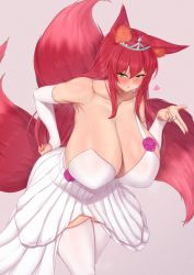Rule 34 | 1girl, animal ear fluff, animal ears, blowing kiss, blush, breasts, bridal gauntlets, cleavage, collarbone, cowboy shot, cream cod, curvy, dress, fluffy, fox ears, fox girl, fox tail, green eyes, heart, heart-shaped pupils, highres, huge breasts, jewelry, kitsune, large tail, leggings, long hair, looking at viewer, multiple tails, original, red hair, ring, shiny skin, sidelocks, skindentation, standing, symbol-shaped pupils, tail, thick thighs, thighhighs, thighs, tiara, wedding band, wedding dress, white leggings, wide hips