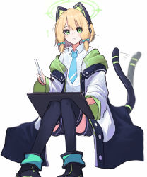 Rule 34 | 1girl, animal ear headphones, animal ears, black footwear, black shorts, black socks, blonde hair, blue archive, blue necktie, bow, cat ear headphones, cat tail, collared shirt, drawing tablet, fake animal ears, full body, green bow, green eyes, green jacket, hair between eyes, hair bow, halo, headphones, high tops, highres, hinagishi haru, holding, holding stylus, jacket, kneehighs, knees together feet apart, light blush, long sleeves, looking at viewer, midori (blue archive), multicolored clothes, multicolored jacket, necktie, notice lines, off shoulder, parted lips, shirt, shoes, short hair, shorts, sidelocks, simple background, sitting, sneakers, socks, solo, stylus, tail, tail wagging, white background, white jacket, white shirt