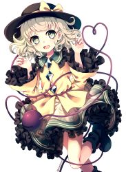 Rule 34 | 1girl, absurdres, bow, dise (psychoro), green eyes, green footwear, green skirt, hat, hat bow, heart, heart of string, highres, komeiji koishi, long sleeves, looking at viewer, open mouth, shirt, silver hair, skirt, smile, solo, standing, standing on one leg, third eye, touhou, wavy hair, white background, wide sleeves, yellow bow, yellow shirt