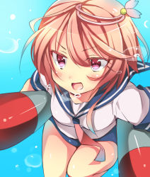 Rule 34 | 10s, 1girl, :d, ahoge, blue background, blush, breasts, bubble, hair between eyes, hair ornament, holding, holding torpedo, i-58 (kancolle), kantai collection, open mouth, pink eyes, pink hair, school swimsuit, school uniform, serafuku, short hair, sk02, smile, solo, swimsuit, swimsuit under clothes, thighs, torpedo, type 95 torpedo, underwater, water