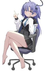 Rule 34 | 1girl, bad anatomy, barefoot, black skirt, black suit, blue archive, blue necktie, breasts, collared shirt, commentary, crossed legs, formal, halo, highres, jacket, long hair, long sleeves, looking at viewer, medium breasts, necktie, pleated skirt, pointing, pointing up, pony (shihyo-6591), purple eyes, purple hair, reversed feet, school uniform, shirt, sidelocks, sitting, skirt, solo, suit, two side up, white background, white jacket, white shirt, yuuka (blue archive)
