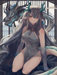 Rule 34 | 1girl, arknights, bare shoulders, black hair, blue dress, china dress, chinese clothes, dress, dusk (arknights), dusk (everything is a miracle) (arknights), highres, horns, long hair, looking at viewer, official alternate costume, red eyes, sctm o0, sitting, sleeveless, sleeveless dress, solo, tail, thighs, very long hair