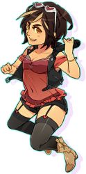 Rule 34 | 1girl, archived source, bangle, black shorts, black thighhighs, black vest, blue outline, boots, bra, bracelet, breasts, brown footwear, brown hair, chibi, clara (vocaloid), cleavage, clenched hand, collarbone, cowboy boots, eyewear on head, full body, garter straps, glasses, hand up, heart, heart-shaped eyewear, holding, holding microphone, jewelry, looking at viewer, lowres, microphone, multicolored hair, navel, official art, orange eyes, outline, red shirt, ring, rumple (artist), see-through, see-through shirt, shirt, short hair, short shorts, shorts, smile, solo, streaked hair, thighhighs, transparent background, underwear, vest, vocaloid