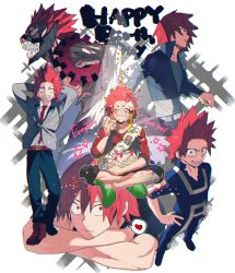 Rule 34 | alternate hairstyle, arms behind head, belt, blazer, boku no hero academia, boots, cake, collared shirt, cream, cream on face, cropped jacket, eating, closed eyes, fang, food, food on face, from above, grin, hands on own hips, head rest, heart, indian style, jacket, kirishima eijirou, looking at viewer, male focus, multiple views, necktie, open mouth, pants, red eyes, red hair, red shirt, sanpaku, sash, scar, scar on face, school uniform, sharp teeth, shirt, shoco (sco labo), short hair, sitting, slippers, smile, spiked hair, spotlight, standing, teeth, track pants, track suit, white shirt