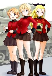Rule 34 | 3girls, assam (girls und panzer), black bow, black footwear, black ribbon, black skirt, blonde hair, blue eyes, blush, boots, bow, braid, breasts, churchill (tank), closed mouth, cup, darjeeling (girls und panzer), emblem, epaulettes, full body, girls und panzer, hair bow, hair pulled back, hair ribbon, hand on own hip, highres, holding, holding cup, holding saucer, holding tablet pc, insignia, jacket, knee boots, long hair, long sleeves, looking at viewer, military, military jacket, military uniform, military vehicle, miniskirt, model tank, motor vehicle, multiple girls, open mouth, orange hair, orange pekoe (girls und panzer), parted bangs, pleated skirt, red jacket, ribbon, sasaki akira (ugc), saucer, shadow, short hair, side-by-side, skirt, smile, st. gloriana&#039;s (emblem), st. gloriana&#039;s military uniform, standing, tablet pc, tank, teacup, thighs, twin braids, uniform