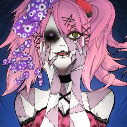 Rule 34 | 1girl, bad id, bad pixiv id, bare shoulders, black sclera, bleeding, blood, candy, candy addict full course (vocaloid), choker, colored sclera, creepy, food, fruit, hair ornament, hairclip, hands on own face, hatsune miku, heterochromia, injury, nail polish, open mouth, pink eyes, pink hair, scar, simennsoka, simensoka, solo, @ @, stitches, strawberry, twintails, vocaloid, yellow eyes