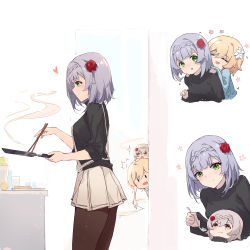 Rule 34 | 3girls, absurdres, black shirt, blonde hair, blue shirt, braid, brown legwear, chopsticks, closed eyes, closed mouth, commentary, cooking, drooling, flower, from side, frying pan, genshin impact, green eyes, hair flower, hair ornament, heart, highres, holding, holding chopsticks, holding frying pan, holding spoon, lumine (genshin impact), mother and daughter, mouth drool, multiple girls, noelle (genshin impact), pantyhose, red flower, shirt, silver hair, skirt, sleeves rolled up, smile, spoon, standing, steam, sweater, turtleneck, turtleneck sweater, white flower, white skirt, yajuu, yellow eyes, yuri