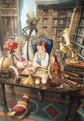 Rule 34 | 1girl, backlighting, blue dress, book, bookshelf, brown hair, character request, clenched hand, clock, closed mouth, commentary request, copyright request, curtains, day, disney, dress, flower, forehead, globe, hand on own chin, highres, indoors, ink, kurobe (kurobe613), ladder, long hair, long sleeves, looking down, on chair, open book, orange eyes, personification, pinafore dress, quill, red flower, shirt, sitting, sleeveless dress, smile, solo, table, teapot, white shirt, window