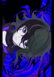 Rule 34 | 1boy, black background, black choker, black jacket, blue background, choker, closed mouth, flipped hair, frown, green hair, hair between eyes, highres, jacket, looking at viewer, master detective archives: rain code, multicolored hair, portrait, purple eyes, short hair, solo, two-tone hair, vivia twilight, ya na (yd cto)
