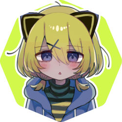 1girl animal_ears blonde_hair blue_eyes blush cat_ears eyelashes green_background hair_between_eyes hair_ornament hairclip highres hood hoodie low_twintails medium_hair messy_hair original portrait profile_picture shirt short_twintails simple_background striped_clothes striped_shirt turtleneck twintails white_background yasashii_naizou yellow_background