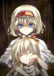 Rule 34 | 2girls, alice margatroid, blonde hair, blue eyes, capelet, closed eyes, hairband, hand on another&#039;s face, kirisame marisa, long hair, looking down, mitsunara, multiple girls, puppet strings, shaded face, short hair, touhou, turtleneck, upper body