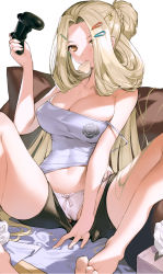 Rule 34 | 1girl, absurdres, azur lane, bare shoulders, barefoot, black shorts, blonde hair, bow, bow panties, braid, braided ponytail, breasts, brown hair, bunker hill (azur lane), bunker hill (mission relaxation) (azur lane), cameltoe, camisole, chips (food), cleavage, cleft of venus, clothes pull, collarbone, commentary request, controller, floral print, food, food in mouth, hair ornament, hairclip, half updo, highres, holding, holding controller, large breasts, long hair, looking at viewer, midriff, navel, nike (nike1060), panties, pantyshot, rose print, shorts, shorts pull, simple background, sitting, solo, spaghetti strap, strap slip, tissue box, underwear, very long hair, white background, white camisole, white panties