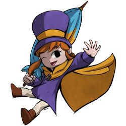 Rule 34 | 1girl, a hat in time, cape, female focus, hat, hat kid, highres, nintendo, one eye closed, parody, solo, style parody, the legend of zelda, umbrella, wink, zipper pull tab