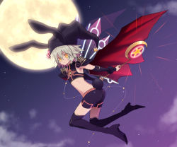 Rule 34 | 1girl, animal ears, armor, armpits, ass, back, battle spirits, bike shorts, black thighhighs, boots, bracer, cape, cloud, crop top, detached sleeves, fake animal ears, fake tail, flat chest, from side, full moon, glowing, grey hair, hair between eyes, halterneck, hat, high heels, hyuuga takashi, jester cap, jumping, looking at viewer, looking back, midriff, moon, neon trim, night, night sky, parted lips, pauldrons, rabbit ears, rabbit tail, ribs, short hair, shorts, shoulder armor, sky, solo, star (sky), star (symbol), star print, starry sky, tail, the clownprincess blackster, thigh boots, thighhighs, turtleneck, wand, wings, yellow eyes