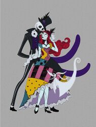 Rule 34 | 1boy, 1girl, absurdres, ascot, black eyes, black footwear, black headwear, breasts, cleavage, colored skin, dancing, dress, eye contact, flower, formal, grey skin, hair flower, hair ornament, hat, hat feather, hetero, highres, holding hands, jack skellington, jewelry, long sleeves, looking at another, mizala, necklace, red hair, sally (nbc), skeleton, small breasts, stitches, the nightmare before christmas, top hat, vest, white ascot, zero (nbc), zombie