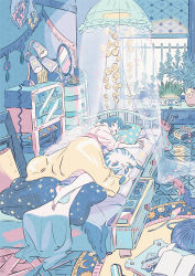 Rule 34 | 1girl, animal, barefoot, bed, blanket, blush, book, canopy bed, cat, cat teaser, drawer, closed eyes, highres, indoors, lamp, lying, mirror, on side, open mouth, original, pajamas, pillow, plant, potted plant, rug, shelf, sleeping, solo, stool, stuffed toy, umishima senbon, window